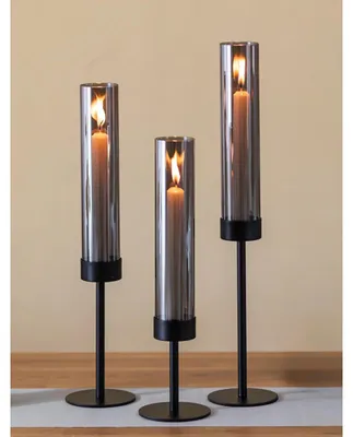 Produktbild von Kerzenleuchter Windlicht Kerzenständer - 3-teilig - Schwarz - Mit Rauchglas