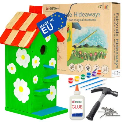 Produktbild von ITA DIY Nistkasten zum Zusammenbauen und Bemalen Skyhaven - Vogelhaus Komplett Bausatz mit Hammer, Nägeln, Farben zum Bauen und Malen für Kinder - Bastelset für Jungen & Mädchen - Vogelhäuschen
