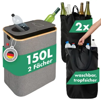 Produktbild von Blumtal Pflandflaschen Sammelbehälter 150L mit 2 Fächern - Bambus Pfandflaschen Organizer - Flaschensammler Leergut - Pfandsammler in Grau