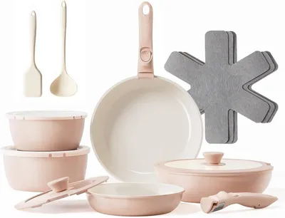 Produktbild von PolkaHome® Keramisches Pfannenset Antihaft, 16-teilig mit abnehmbarem Griff, & PTFE frei, für alle Herdarten
