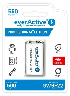 Image de Batterie rechargeable everActive 6F22/9V Li-Ion 550 mAh avec USB TYPE C