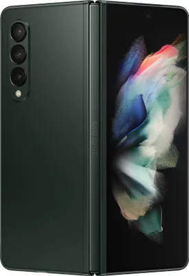 A dark green Samsung Galaxy Z Fold3 5G smartphone is shown from the back and side, folded open to reveal its screen.