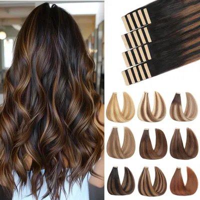 Productafbeelding van Echte Haar Tape-extensies 20 Stuks 40cm Zwart met Kastanje Bruin