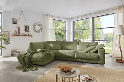 Produktbild von KAWOLA Sofa MADELINE Ecksofa Cord olivgrün Recamiere links