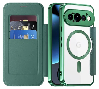 Image de Étui pour Google Pixel 11 Pro, compatible MagSafe, étui transparent avec porte-cartes, étui en cuir avec protection pour l'appareil photo, couleur verte