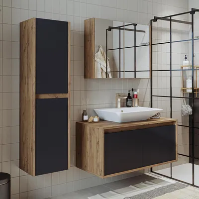 Produktbild von Roomart ATLANTIC-100 Badmöbel-Set 4-teilig 100 cm breit, Anthrazit-Eiche