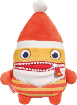 A plush toy with a Santa hat and a zipper mouth.
