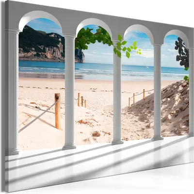 Produktbild von Modernes Wandbild Fensterblick 120x80 - 1 Teile Bilder Fotografie auf Vlies Leinwand Foto Bild Dekoration Wand Bilder Kunstdruck Meer Strand Landschaft Natur c-C-0364-b-a