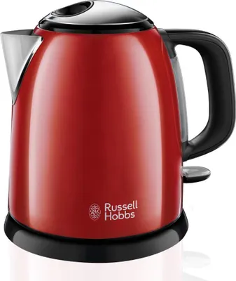 A red Russell Hobbs kettle on a white background.
