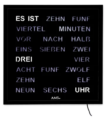 Produktbild von AMS T1265 Tischuhr mit lackiertem Metallgehäuse und schwarzer LED-Wortuhr