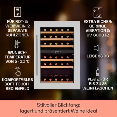 Produktbild von Klarstein Weinkühlschrank 2 Zonen, 132L Getränkekühlschrank, Kleiner Einbau-Weinschrank Schmal, Wein-Kühlschrank mit Glastür, Outdoor Flaschenkühlschrank, Wine Fridge 5-22°C, 35 Flaschen
