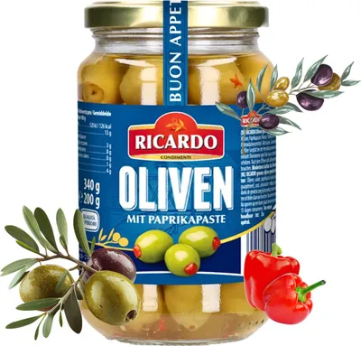 Produktbild von RICARDO Feinkost Grüne Oliven mit Paprika gefüllt 340g