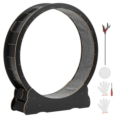 Obrázok produktu pre Drevené bežecké koleso pre mačky SucceBuy, vnútorný priemer 118 cm, vhodné pre mačky do 13,6 kg, s kobercovým povrchom a poistným mechanizmom, tichá hračka pre domáce mačky, čierna