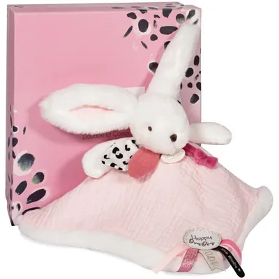 Zdjęcie produktu dla Doudou Zestaw upominkowy różowy - królik z kwadratowym kocykiem 25 cm