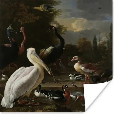Produktbild von MuchoWow® Poster Ein pelikan und andere vögel in der nähe eines wasserbeckens - Gemälde von Melchior d'Hondecoeter 75x75 cm - Wand Dekoration