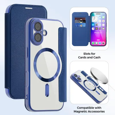 Immagine prodotto di Custodia per iPhone 17 compatibile con MagSafe, custodia trasparente con portacarte, custodia in pelle con protezione della fotocamera blu