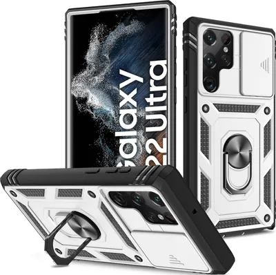 Image de Étui pour Samsung Galaxy S22 Ultra 5G avec protection coulissante de l'appareil photo, résistant aux chocs, avec porte-anneau, support et porte-cartes Blanc