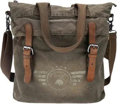 Zdjęcie produktu dla Greenburry Shopper Vintage Aviator Torebka damska płótno khaki ze skórzanym wykończeniem