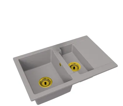 Produktbild von Granitspüle Doris, eineinhalb Becken, Grau, mit goldenem Siphon