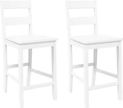 Two white bar stools are shown against a white background.