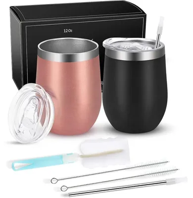 Productafbeelding van Twee roestvrijstalen wijnglazen zonder voet, met deksel, roze goud/zwart, 12 oz, dubbelwandig, vacuümgeïsoleerd