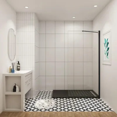 Produktbild von Duschspa Walk-In Dusche 85x200cm Schwarz matt Duschwand 8mm NANO ESG-Glas mit 50cm Diagonal Stabilisator F104B Duschabtrennung