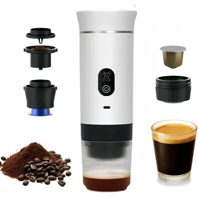 Tragbare Kaffeemaschine mit Digitalanzeige, 3-in-1 Elektrische Kaffeemaschine, mit Kapseln und gemahlenem Kaffee, zum Kaltbruehen und Aufwaermen(Weiß)