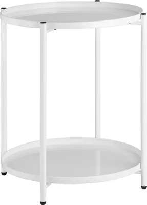 A white, round side table with two tiers, shown against a white background.