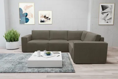 Produktbild von DOMO Collection Ecksofa 100017, Couch in L-Form mit Rückenkissen und Armlehnen, Polstergarnitur 217 x 197 x 84 cm (BxTxH), schlamm