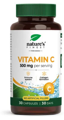 Produktbild von Vitamin C 500 mg Kapseln – mit Hagebutte (Rosa canina), vegan – 30 Kapseln