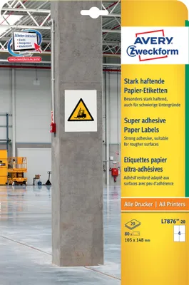 Immagine prodotto di Avery Zweckform® L7876-20Etichette in carta - A4, 80 pezzi, 105 x 148 mm, adesivo forte, bianco