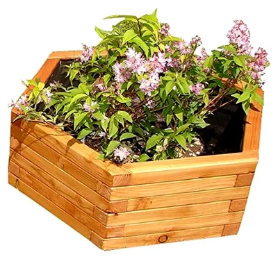 Produktbild von Sechseckiger Pflanzkasten aus Lärche - mit Vlies und Griffen - Holz Blumentopf - Hochbeet aus Holz - Blumenkasten Ø 47x26cm