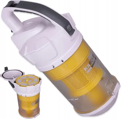 A white and yellow Kärcher vacuum cleaner dust container is shown against a white background. A separate, open dust container with its filter is displayed to the left.