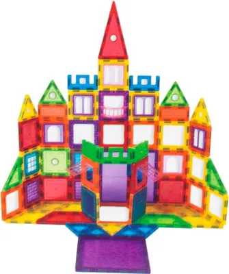A colorful magnetic building block castle.
