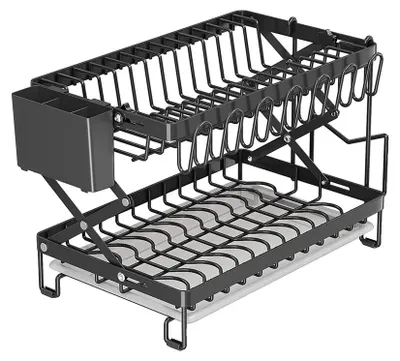 Imagen del producto de Estante para escurrir platos, diseño de 2 niveles, altura ajustable, soporte plegable para platos