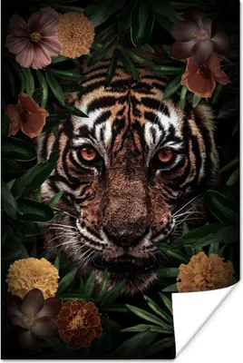 Produktbild von MuchoWow® Poster Tiger - Braun - Blumen 120x180 cm - Kunstposter