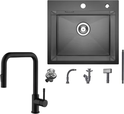 Produktbild von Spülbecken mit 1 Becken 50×45CM Edelstahlspüle Anthrazitschwarz mit Küchenarmatur 2 Strahlarten Schwarz ausziehbarer Spültischarmatur, Höhe 354 mm