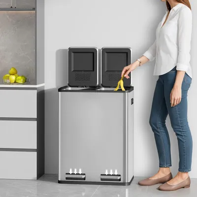 Image de Poubelle de cuisine - Bac à déchets - Poubelle de tri sélectif - Poubelle à pédale - Poubelle - Acier inoxydable, 60 litres
