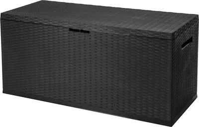 A dark gray storage box with a woven texture.