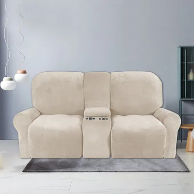 Produktbild von 8-teiliger Stretch Samt Hussen Recliner Sofabezug mit Getränkehaltern,Dicke Plüsch Liegesofa 2-Sitzer Recliner-Abdeckung,Beige