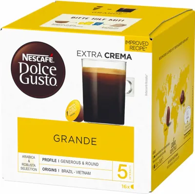 A box of Nescafé Dolce Gusto Grande coffee capsules.