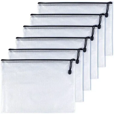 Image de Pochettes de documents format A6, lot de 6, pochettes à fermeture éclair, en plastique mesh, couleur noire