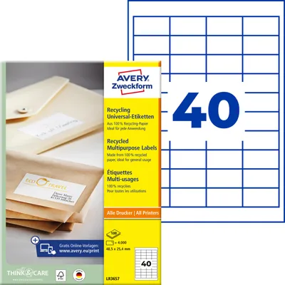 Produktbild von Avery Zweckform LR3657, Recycling Universal-Etiketten, A4, 48,5 x 25,4 mm, 4.000 Etiketten / 100 Bögen, naturweiß