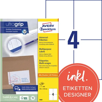Imagen del producto de Etiquetas universales Avery Zweckform 3483, de 105 x 148 mm, aptas para el servicio INTERNETMARKE de Deutsche Post, 100 hojas/400 etiquetas, color blanco