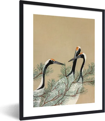 Produktbild von MuchoWow® Gerahmtes Poster Kranich - Japan - Blätter - Vintage 60x80 cm - Poster mit Schwarzem Bilderrahmen Wandposter Rahmen Foto Bilder - Premium - Wanddeko Wohnzimmer