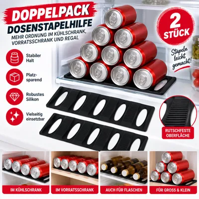 Produktbild von 2er Set Dosenstapelhilfe aus Silikon – Flaschen- & Dosenhalter für Kühlschrank – rutschfest & platzsparend – Stapelhilfe für Dosen und Flaschen, KI-generiertes Bild