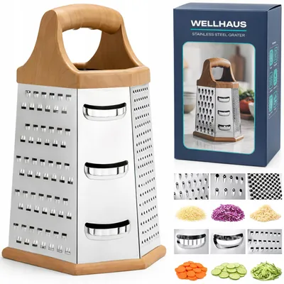 Produktbild von WELLHAUS Küchenreibe 6-seitig Edelstahl mit braunem Griff Universalreibe Gemüsereibe Käsereibe 22 x 10 cm