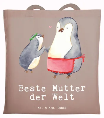 Produktbild von Mr. & Mrs. Panda Tote Bag Pinguin Beste Mutter der Welt - Braun Pastell - Geschenk, Tochter, Tasche, Muttertag, Shopping, Einkaufstasche, Jutebeutel, Schultasche, Danke