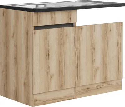 Produktbild von Küchen Spülenschrank Set mit Arbeitsplatte Kaya SPGSSET-0+ in Wildeiche Nachbildung 110 cm breit mit Edelstahl Spüle