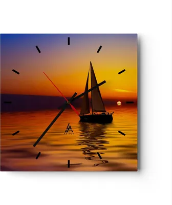 Produktbild von Wanduhr - Quadrat - Glasuhr - Boot Sonnenuntergang Landschaft - 30x30cm - Schleichendes Uhrwerk - Lautlos - zum Aufhängen bereit - Dekoration Modern - Wanddekoration aus Glas - C3AC30x30-0106